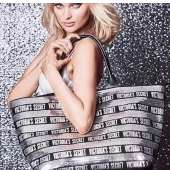 Victoria Secret 2018 Black‎ Silver Sequin Large Zipper Tote Bag Style - Picture 7 of 7
